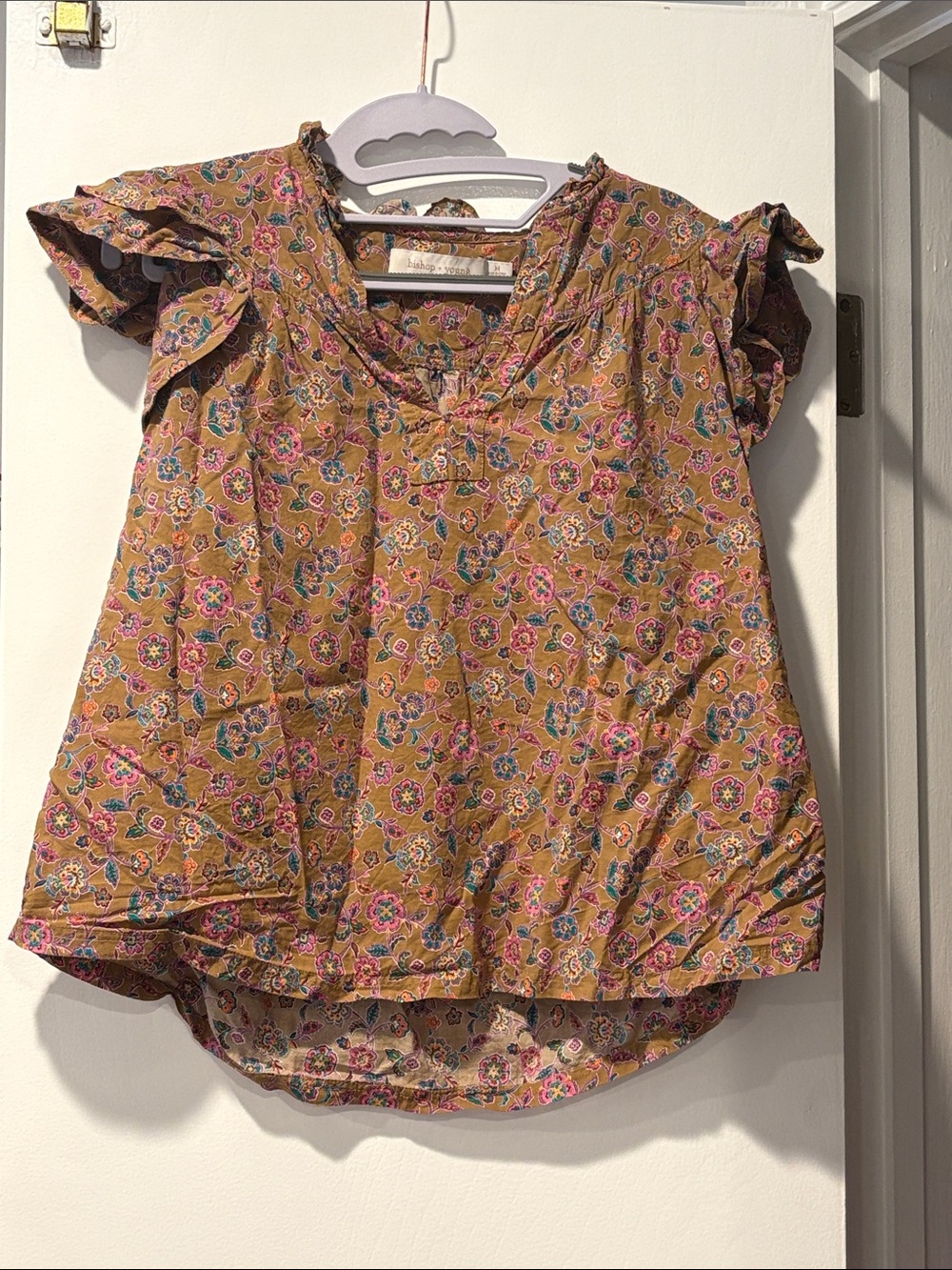Bishop + Young Women’s Medium 100% Cotton Mustard Floral Ruffle-Sleeve Blouse